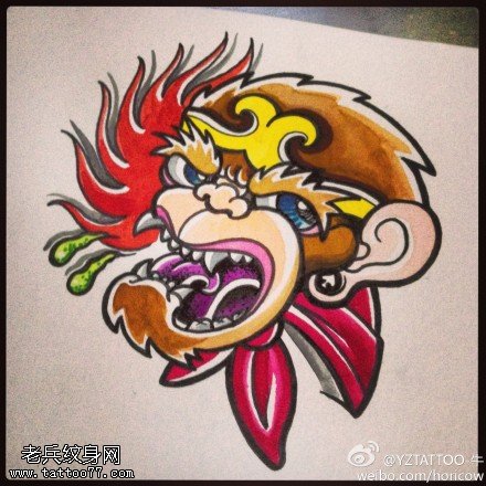 彩色卡通猴子纹身手稿图案