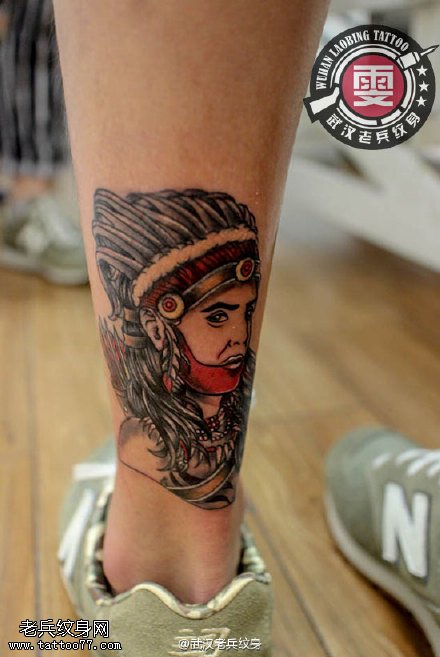 小腿情侣印第安人纹身作品