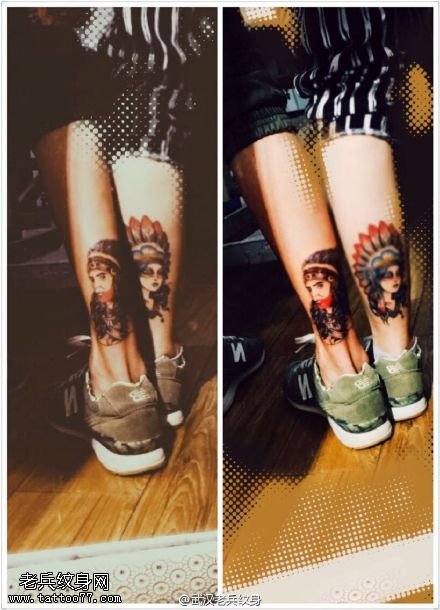 小腿情侣印第安人纹身作品