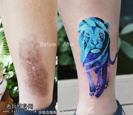 蓝色威风狮子纹身图案