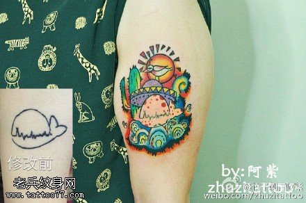 小山丘夏威夷风格仙人掌太阳鸟纹身图案