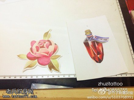 玫瑰相随可爱纹身图案