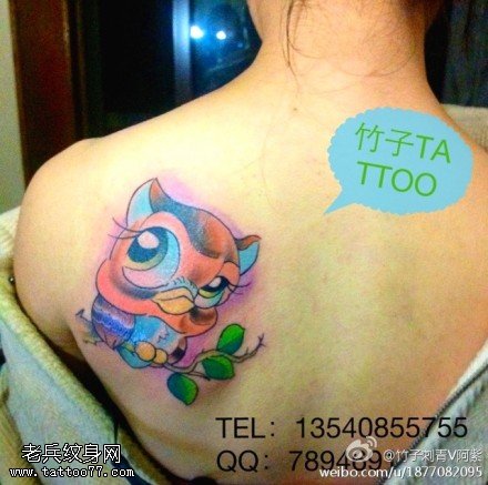 肩头彩色卡通猫头鹰纹身图案