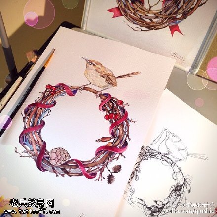 可爱树枝缠绕麻雀纹身图案