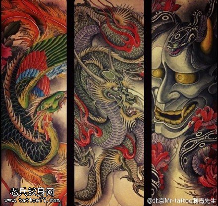 彩色龙鬼面纹身图案