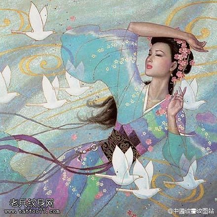 唯美的古代美女手稿纹身图案