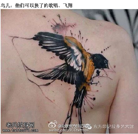 水墨逼真形象的乌鸦纹身图案