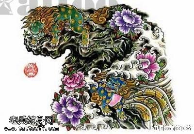 精美的牡丹唐狮纹身图案