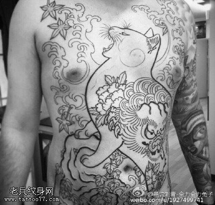 经典点刺猫海浪咪牡丹花纹身图案