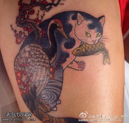 经典仙鹤猫鲤鱼纹身图案