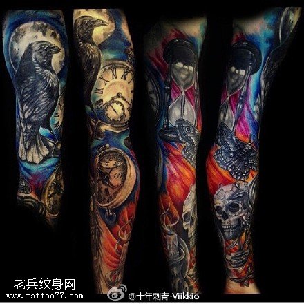 经典乌鸦骷髅时光表纹身图案