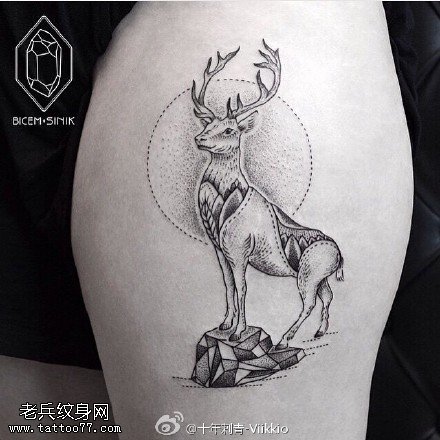 经典点刺灵鹿纹身图案
