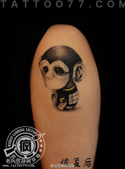 大臂可爱小猴子纹身作品一个月后恢复效果
