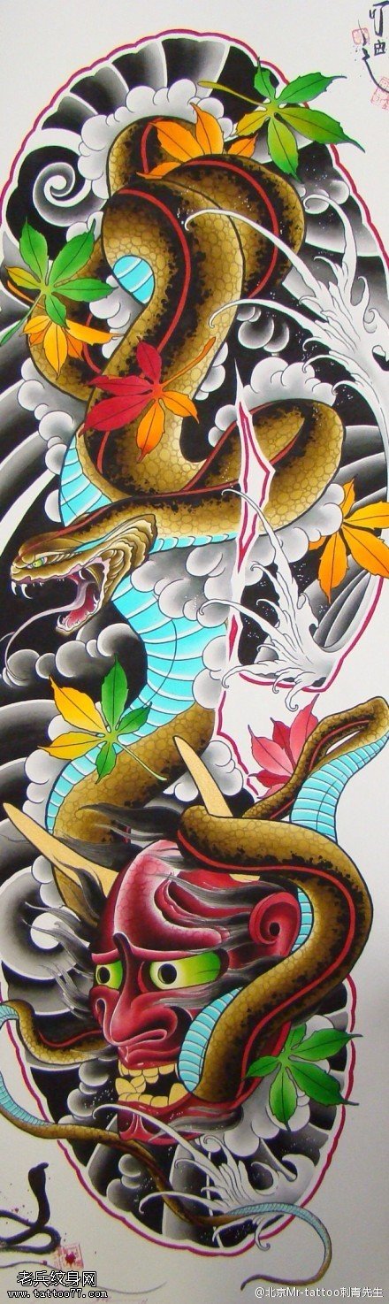 经典彩绘蛇般若纹身图案