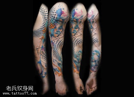 水墨点刺大花臂纹身图案