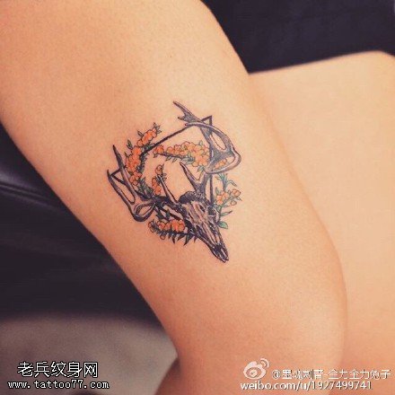 经典羚羊骷髅花卉纹身图案