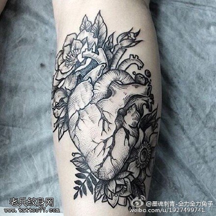 小腿上的器官花卉纹身图案