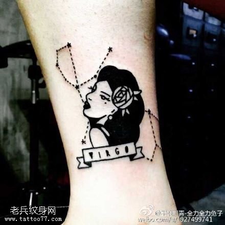 小腿上点刺美女纹身图案