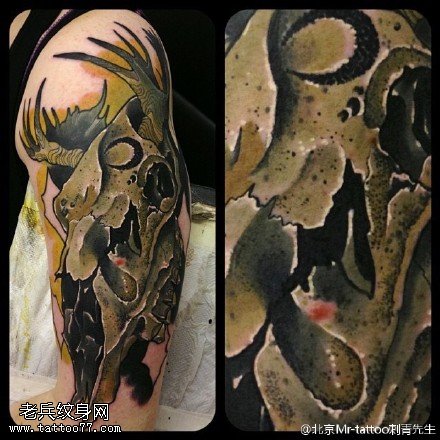 肩部骷髅鹿角纹身图案
