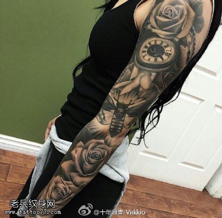 经典玫瑰罗马表昆虫大花臂纹身图案