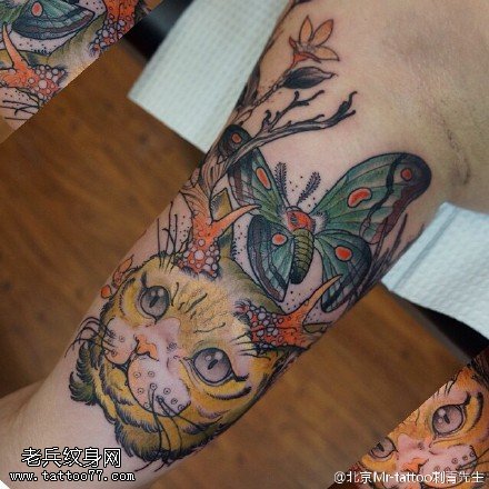 彩绘带角的猫咪纹身图案
