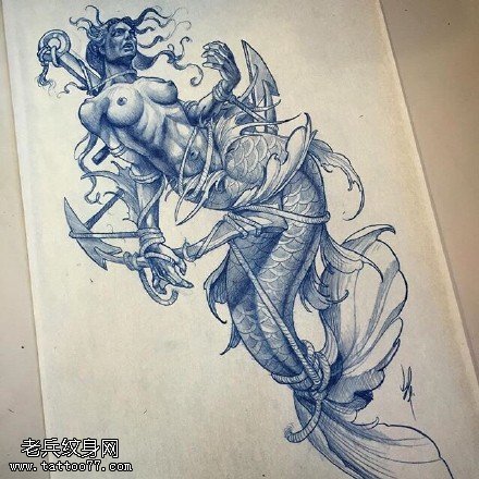 手绘美人鱼恶魔纹身图案