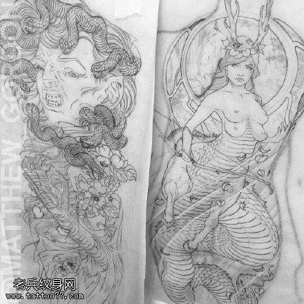 手绘蛇发女蛇身女纹身图案