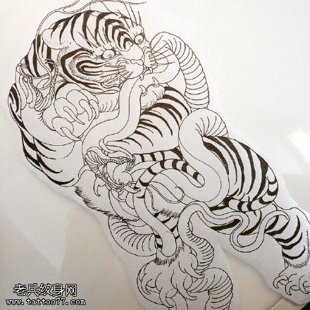手稿蛇戏老虎纹身图案