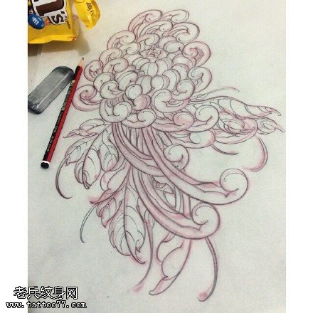 手绘素描菊花纹身图案