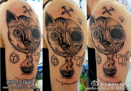 半边骷髅猫纹身图案