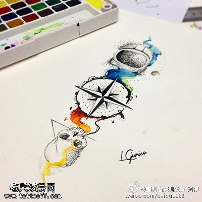手稿水彩骷髅指南针纹身图案