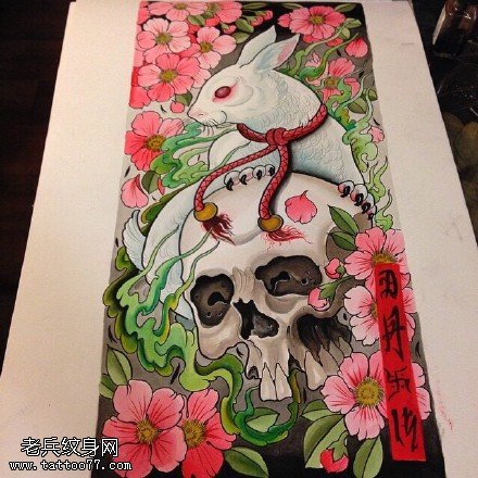 手稿彩绘兔子骷髅纹身图案