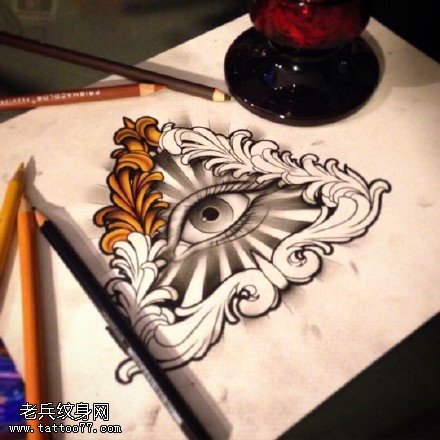 手稿花卉三角眼睛纹身图案