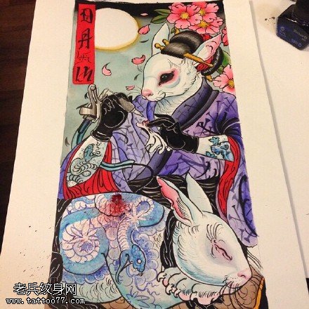 日本风艺妓兔子纹身图案