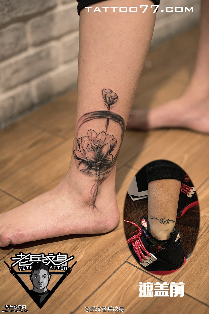 脚踝水墨莲花纹身图案作品