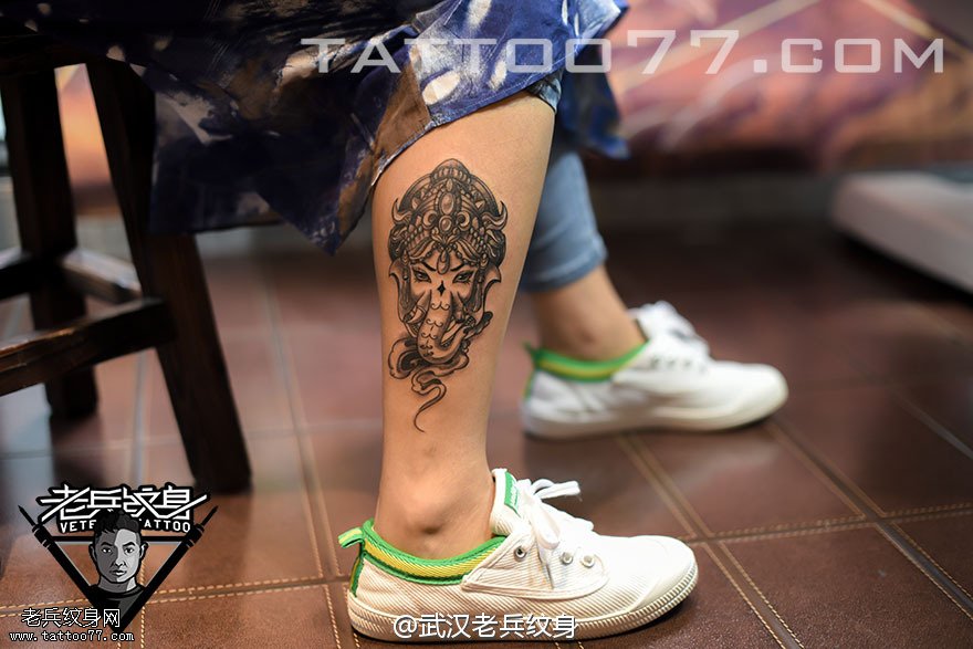 小腿象神纹身图案作品
