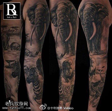 大象斑马狮子大花臂纹身图案