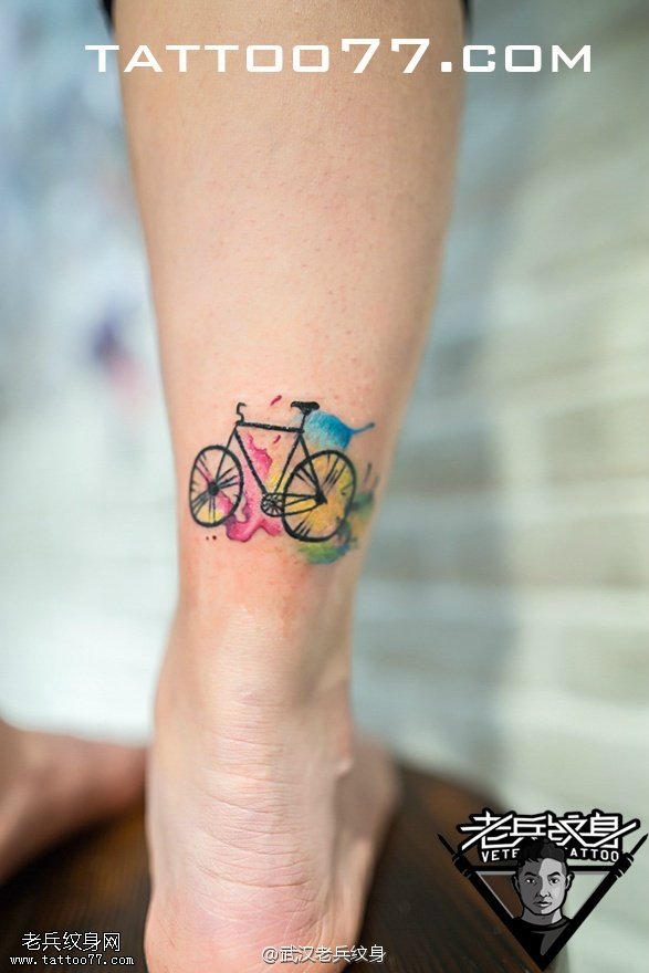 脚踝水彩自行车纹身图案作品