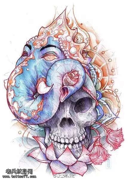 手稿素描象神骷髅纹身图案