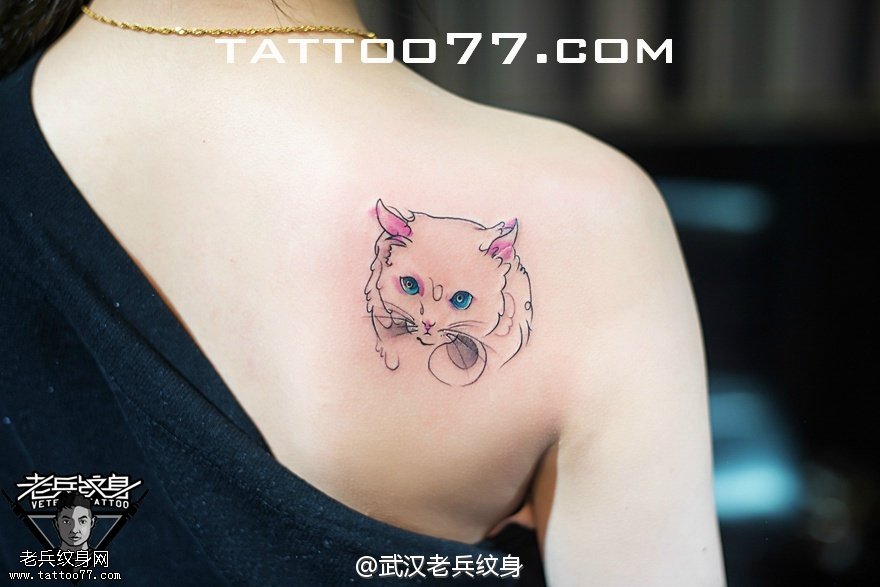 美女背部可爱猫咪纹身图案作品