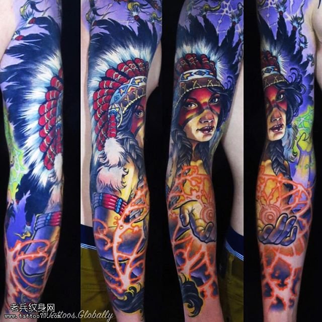 手臂彩绘的印第安美女纹身图案