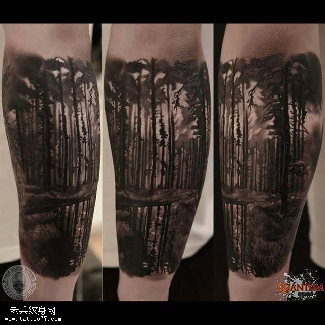 手臂写实的树林纹身图案