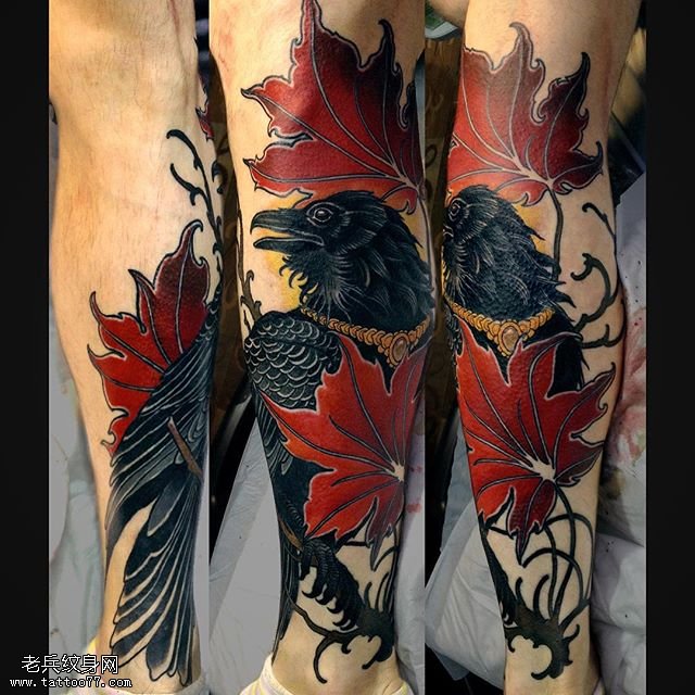 手臂的枫叶乌鸦纹身图案