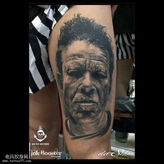 腿部写实头像纹身图案