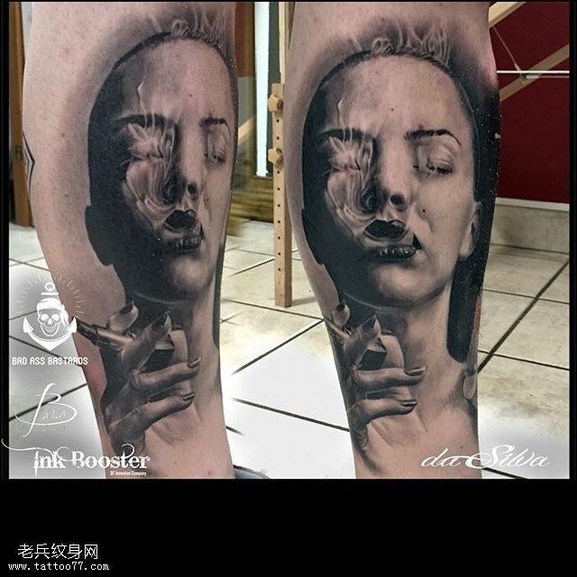 腿部抽烟的女人纹身图案