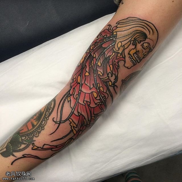 手臂章鱼骷髅纹身图案