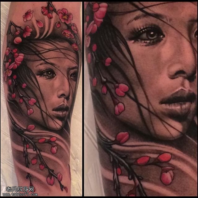 桃花下的美女纹身图案