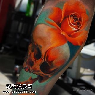 手臂水彩骷髅玫瑰纹身图案