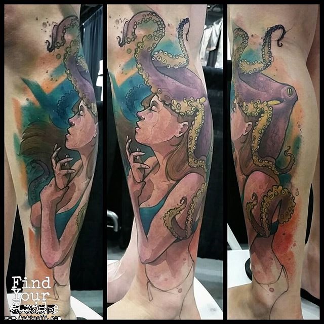 腿部的章鱼女纹身图案