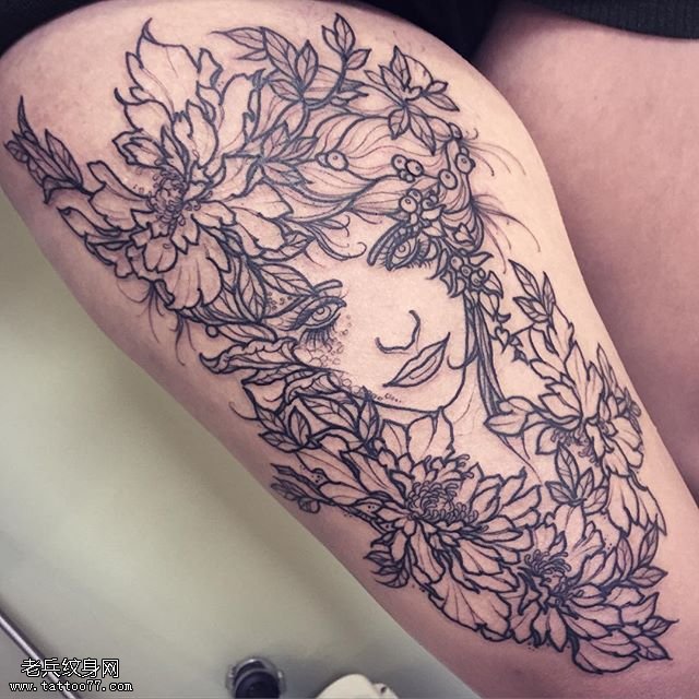 大腿点刺花环女孩纹身图案